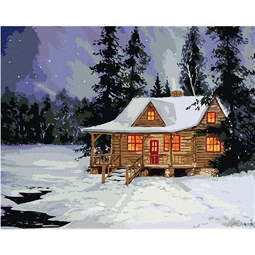

Srub v zimním lese, 80×100 cm, vypnuté plátno na rám