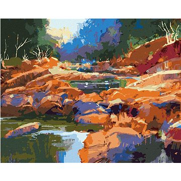 

Tekoucí řeka mezi kameny v lese, 40×50 cm, vypnuté plátno na rám