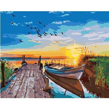 

Západ slunce nad jezerem s loďkou, 80×100 cm, vypnuté plátno na rám