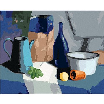 

Zátiší hroznů, láhve, misky a mandarinky, 40×50 cm, vypnuté plátno na rám