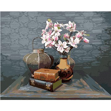 

Zátiší magnólií a starých knih na stole, 80×100 cm, bez rámu a bez vypnutí plátna