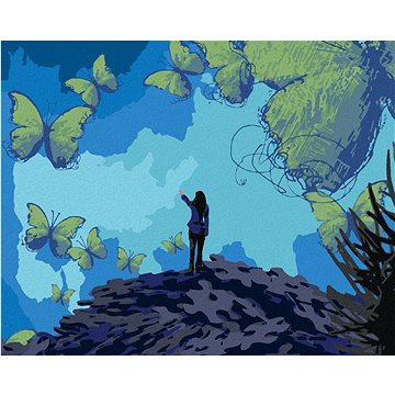 

Žena s motýli a puzzlem, 40×50 cm, vypnuté plátno na rám