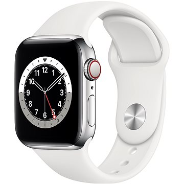 Apple Watch Series 6 44mm Cellular Stříbrný nerez s bílým sportovním řemínkem - Chytré hodinky