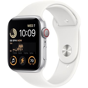 

Apple Watch SE (2022) 44mm Cellular Stříbrný hliník s bílým sportovním řemínkem