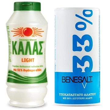 

KALAS LIGHT Jemná mořská sůl 375 g, o 51 % méně soli + BENESŮL 33 %, 250 g, o 66 % méně soli
