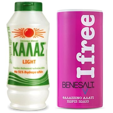 

KALAS LIGHT Jemná mořská sůl 375 g, obsahuje o 51 % méně soli + BENESŮL mořská sůl bez jodu 250 g