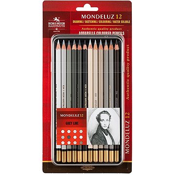 Koh-i-noor Mondeluz 3722/12 Umělecké pastelky, šedá řada, v plechovém pouzdře 12 ks