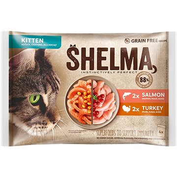

Shelma Kitten bezobilné dušené filetky losos a krůta pro koťata 4 × 85 g