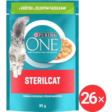 

Purina ONE Sterilcat minifiletky s krůtou a zelenými fazolkami ve šťávě 26 × 85 g