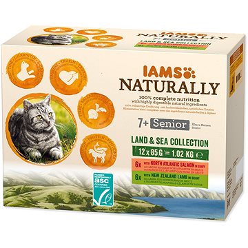 

IAMS Naturally pro kočičí seniory s jehněčím a lososovým masem v omáčce 12 × 85 g