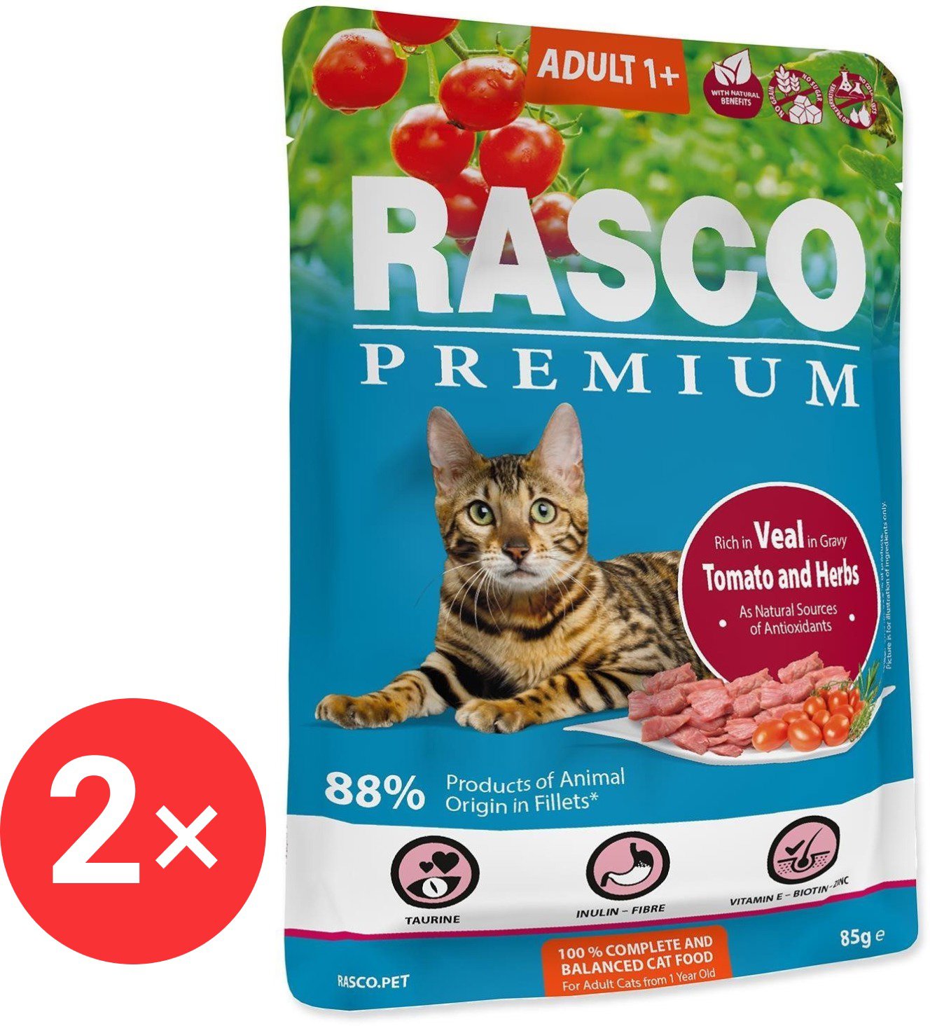 

Rasco Kapsička Premium Adult telecí s rajčaty a bylinkami 2 × 85 g