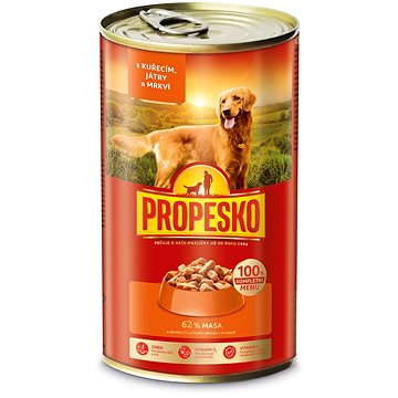 

Propesko konzerva pro psy s kuřecím, játry a mrkví v omáčce 1240 g