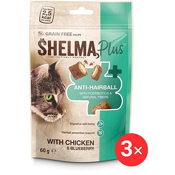 

Shelma Anti-hairball bezobilné polštářky, kuře, borůvky 3 × 60 g