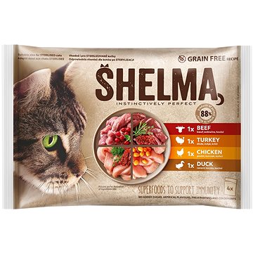 Shelma bezobilné dušené filetky 4 druhy masa 4 × 85 g - Kapsička pro kočky