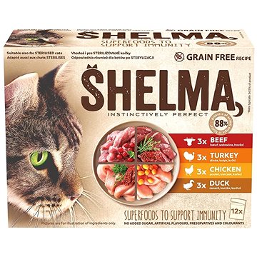 Shelma bezobilné dušené filetky 4 druhy masa 12 × 85 g - Kapsička pro kočky
