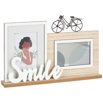 

Giftdecor Stojací fotorámeček na 2 fotografie, dekorační nápis Smile a jízdní kolo