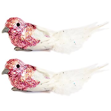 

LAALU Vánoční ozdoby - ptáček na klipu, růžový s glitery, 13 cm, 2 ks