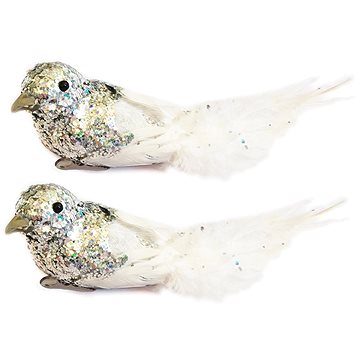 

LAALU Vánoční ozdoby - ptáček na klipu, stříbrný s glitery, 13 cm, 2 ks