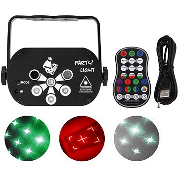 

Mini Gobo laser 6 eyes, 130 mW RG laser, RGB+UV LED, USB, ovladač