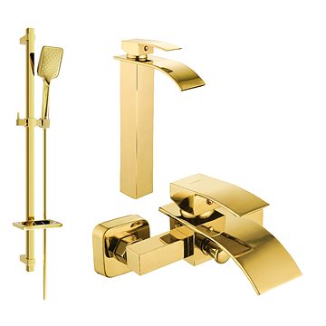 

MEXEN Aries DQ62 Set umyvadlové a vanové baterie s příslušenstvím, zlato 744813DQ62-50