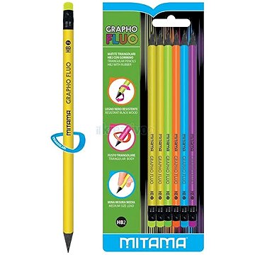 

MITAMA, grafitová, trojhranná s gumou Fluo HB (2) / 6 ks