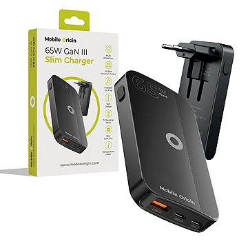 

Mobile Origin 65W GaN III Slim Charger dual USB-C Single USB-A Black