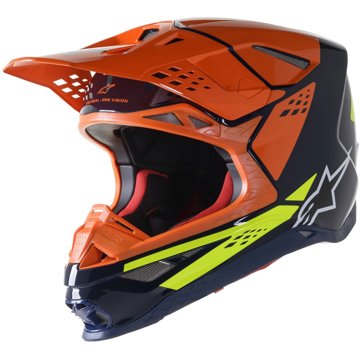 ALPINESTARS přilba SUPERTECH S-M8 FACTORY, 2023, tmavá modrá/oranžová/žlutá fluo lesklá, vel. L
