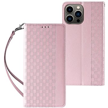 

Magnet Strap knížkové kožené pouzdro na iPhone 13 Pro, růžové