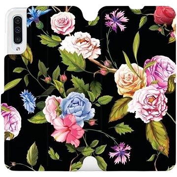 

Flipové pouzdro na mobil Samsung Galaxy A50 - VD07S Růže a květy na černém pozadí