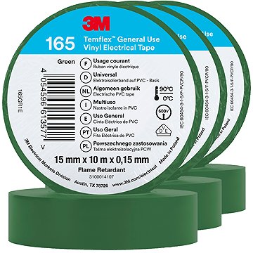 3M Izolační páska Temflex 165, rozměr 15 mm x 10 m x 0,15 mm, barva zelená, 3 ks