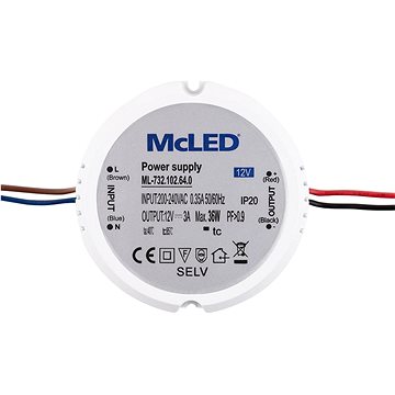 

McLED Napájecí zdroj 36 W, DC12V/3A, IP20, plastový, do el.instalační krabice