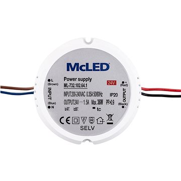

McLED Napájecí zdroj 36 W, DC24V/1,5A, IP20, plastový, do el.instalační krabice