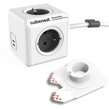 

Cubenest Powercube Extended USB PD 35W, 2xUBS-C, 4x zásuvka, 1,5m, bílá/šedá