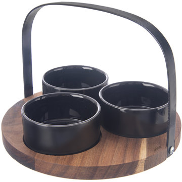 

ORION Servírovací set BLACK Keramická miska + tác akácie + ucho
