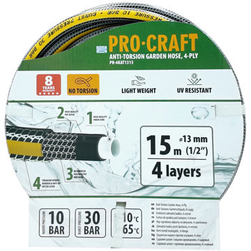 

PROCRAFT Zahradní hadice PR-4KAT1315, černo-žlutá, 4vrstvá, 1/2" 15 m