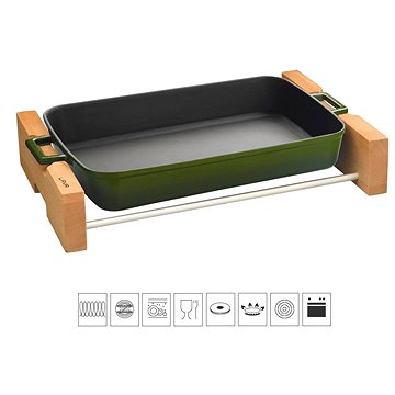 

LAVA METAL Litinový pekáč 22x30cm s dřevěným podstavcem - zelený