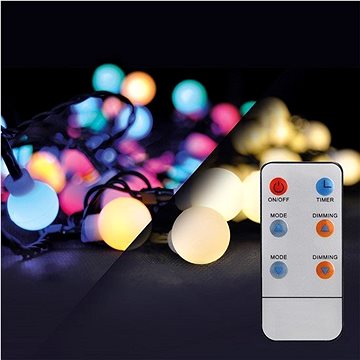 

Solight LED 2v1 venkovní vánoční řetěz, koule, dálkový ovladač, 200LED, RGB+bílá, 20m+5m, 8 funkcí,