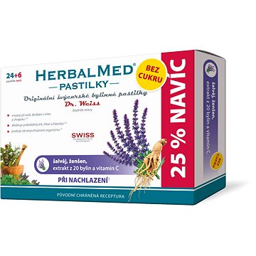 

Dr.Weiss HerbalMed Šalvěj + ženšen + vitamin C BEZ CUKRU 24+6 pastilek