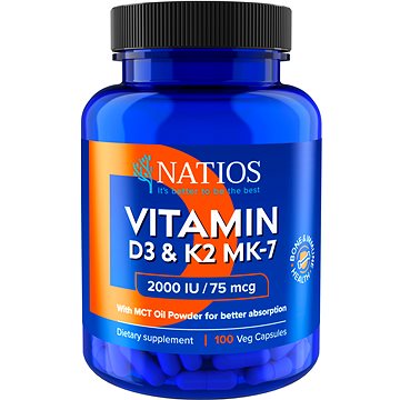 

NATIOS Vitamin D3 & K2 (MenaQ7 MK-7), 2000 IU & 75 mcg, 100 kapslí