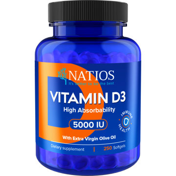 

NATIOS Vitamin D3, Vysoce vstřebatelný, 5000 IU, 250 softgel kapslí (s olivovým olejem)