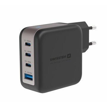 

Swissten síťový adaptér GaN 3x USB-C 100W PD + 1x USB-A 18W QC černý
