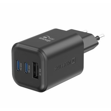 

Swissten síťový adaptér GaN 2x USB-C 65W PD + 1x USB-A 18W QC černý