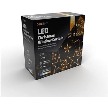 

Solight LED vánoční závěs, hvězdy, šíře1,8m, 77LED, IP20, 3xAA, USB