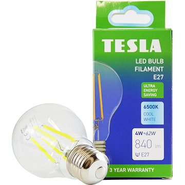 

Tesla Filament A class, E27, 4W, 840lm, 6500K studená bílá, 360st, čirá, 230V, 25 000h
