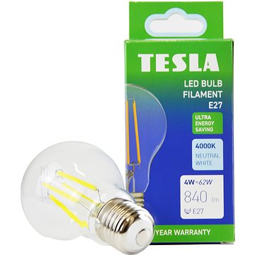 

Tesla Filament A class, E27, 4W, 840lm, 4000K denní bílá, 360st, čirá, 230V, 25 000h