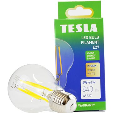 

Tesla Filament A class, E27, 4W, 840lm, 2700K teplá bílá, 360st, čirá, 230V, 25 000h