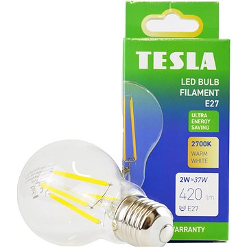 

Tesla Filament A class, E27, 2W, 420lm, 2700K teplá bílá, 360st, čirá, 230V, 25 000h