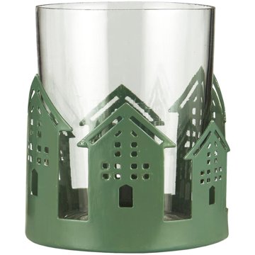 

TEXTILOMANIE Zelený kulatý svícen s motivem domečků Luminaire
