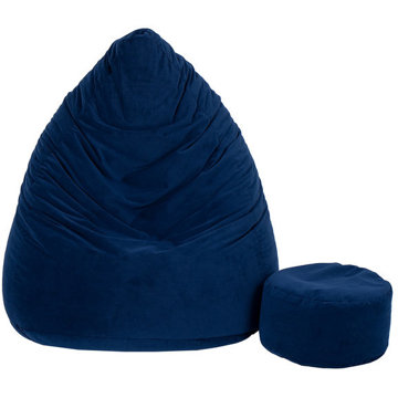 TopKing Sedací vak XXXXL + podnožník XL velur, tmavě modrý