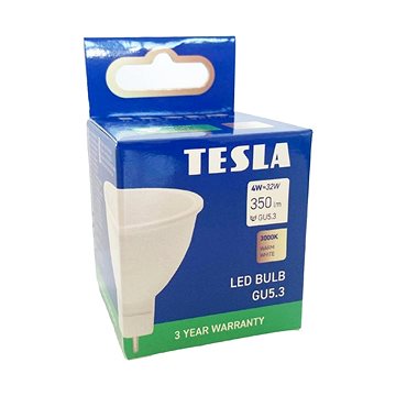 

Tesla - LED žárovka GU5,3 MR16, 4W, 12V, 300lm, 25 000h, 3000K teplá bílá, 100°